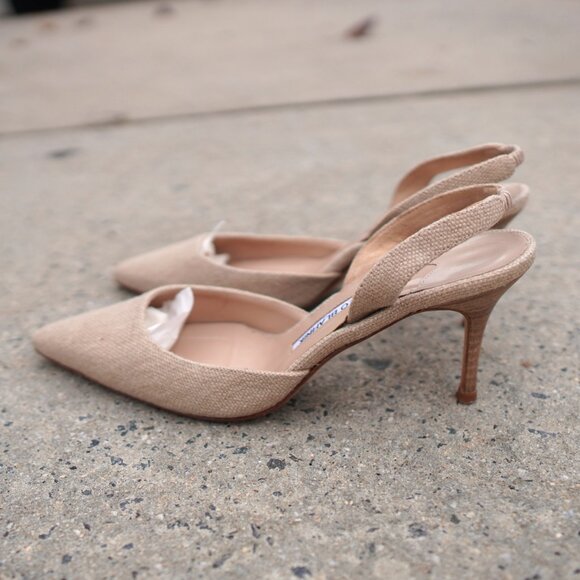 Manolo Blahnik Slingback Mules IT 36.5 Beige Linen Heel SATC Carrie Bradshaw - Picture 6 of 9